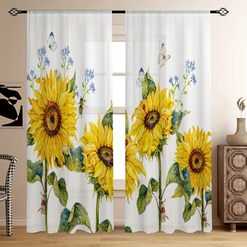 

2pcs Sunflower Yarn Thin Cloth Curtain Rod Pocket Window Treatment For Bedroom Office Kitchen Living Room Study Home Decor