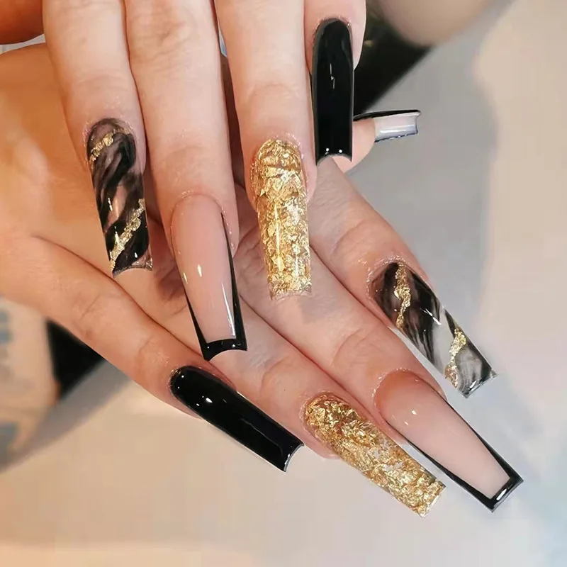 

Nail Wearing Shiny Black Gold Atmosphere European and American Long Fashion False Nail Patch Nail Enhancement Special Nail Patch