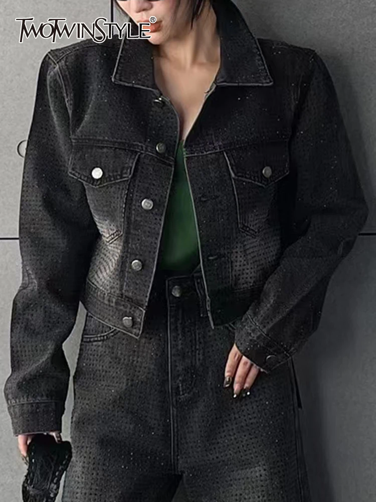

TWOTWINSTYLE Vintage Spliced Diamonds Jackets For Women Lapel Long Sleeve Patchwork Single Breasted Casual Jacket Female Clothes