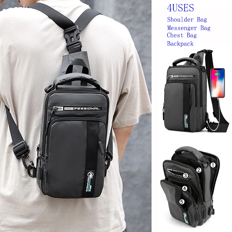 

Маленький рюкзак, нагрудная сумка, сумка на плечо для мужчин с USB-портом для зарядки, дорожный мужской нейлоновый слинг, мессенджер, рюкзак, сумки через плечо