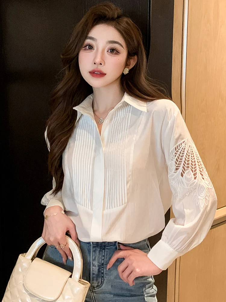 Блузка женская плиссированная с отложным воротником и длинным рукавом осень 2024