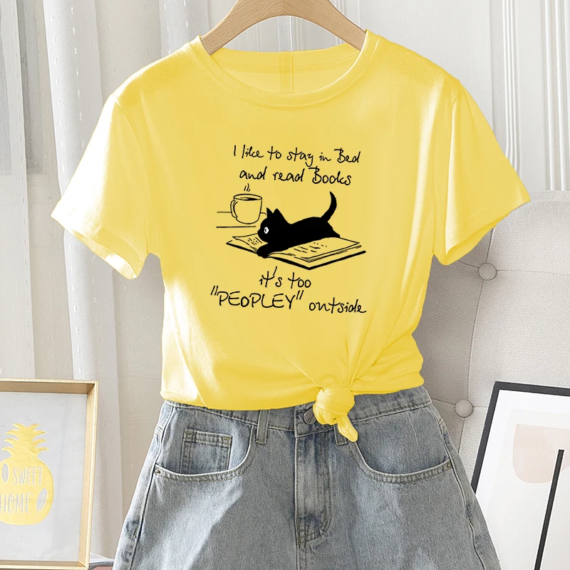 

Casual Women Graphic Fashion T-shirt Ladies Regular Summer Short Sleeve Cat Book Letter Print Female Funny Daily O-Neck Tee Tops