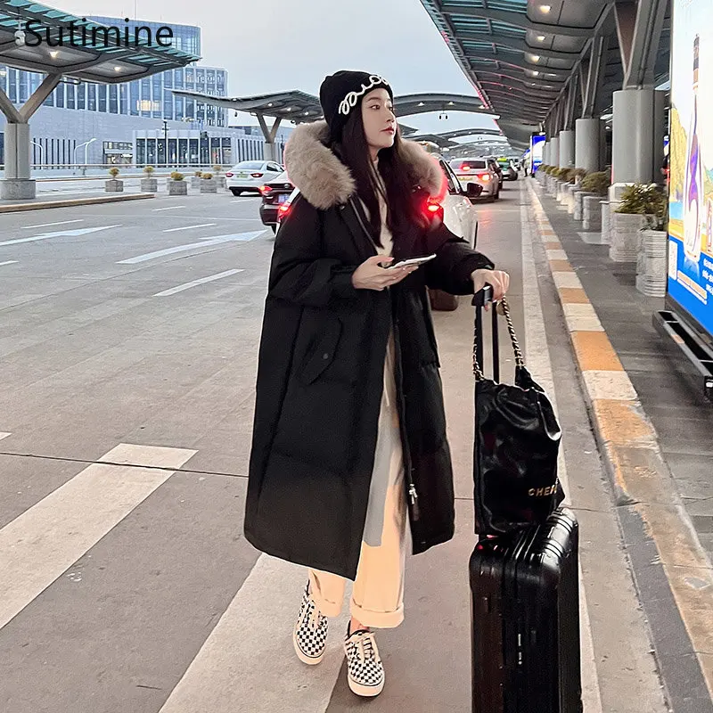 Winter Coat Women 2022 New Fashion Medium Length Down Jacket Zipper Hooded  Coat Loose Button Pockets  Coat Women