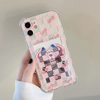 for iphone 13 11 12 pro x xr xs max cute cherry pink grid bear clear cover for iphone 7 8 plus shockproof card holder phone case