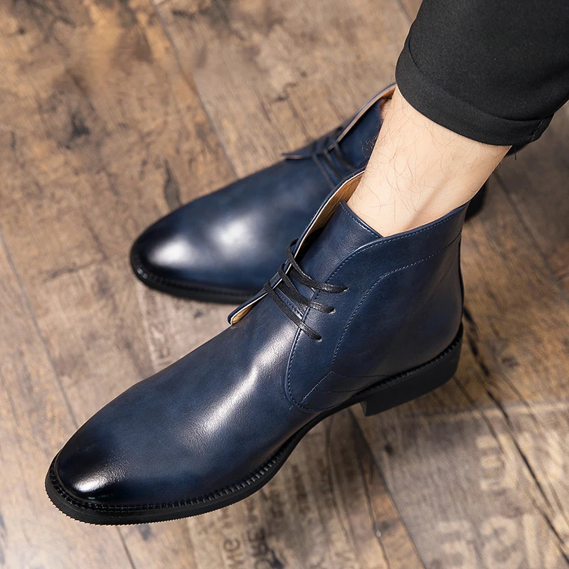 

Coslony Men Boots Blue High Top Chelsea Mens Leisure Boots British PU Leather Men Art Design Brogue Short Boots Size 38 48