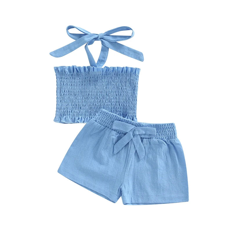 

Toddler Kids Baby's Clothes Girl Halter Tanks Tops Shorts Solid Color Pleated Decoration Casual Summer Children's Clothing