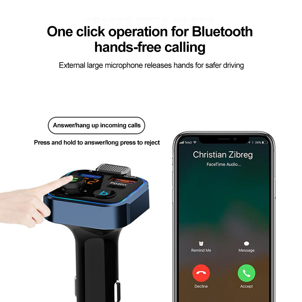 Bluetooth 5 0 FM-передатчик Громкая связь Автомобильный AUX Радиомодулятор MP3-плеер с QC3.0