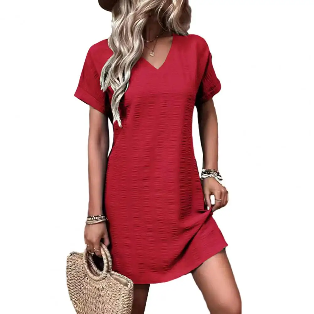 

Women A-line Dress Short Sleeve Dress Soft Breathable Women's A-line Mini Dress V Neck Short Sleeves Above Knee for Summer