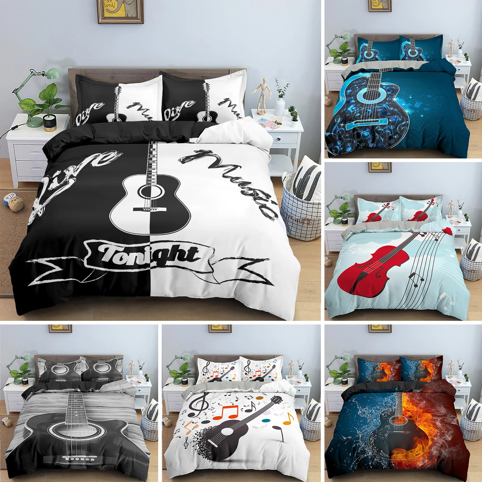 

Комплект постельного белья для музыкальной гитары, Королевский пододеяльник из тяжелого металла в стиле панк-рок для мальчиков-подростков, музыкальные ноты, 2/3 шт.