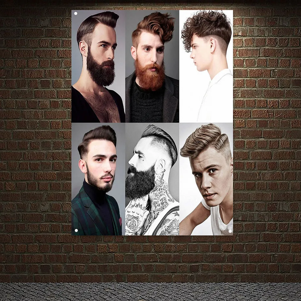 

Men's Long Beard Hairstyles Hairstyle Poster Vintage Barber Shop Wall Decor Banner Wall Hanging Flag Tapestry Canvas Painting