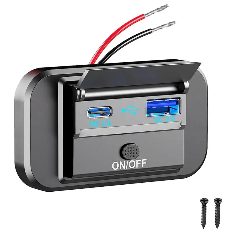 Фото Панель питания USB с портами QC3.0 и PD3.0 (12-24В) для быстрой зарядки с переключателем, для мотоциклов, автомобилей, грузовиков, квадроциклов, простая установка №1