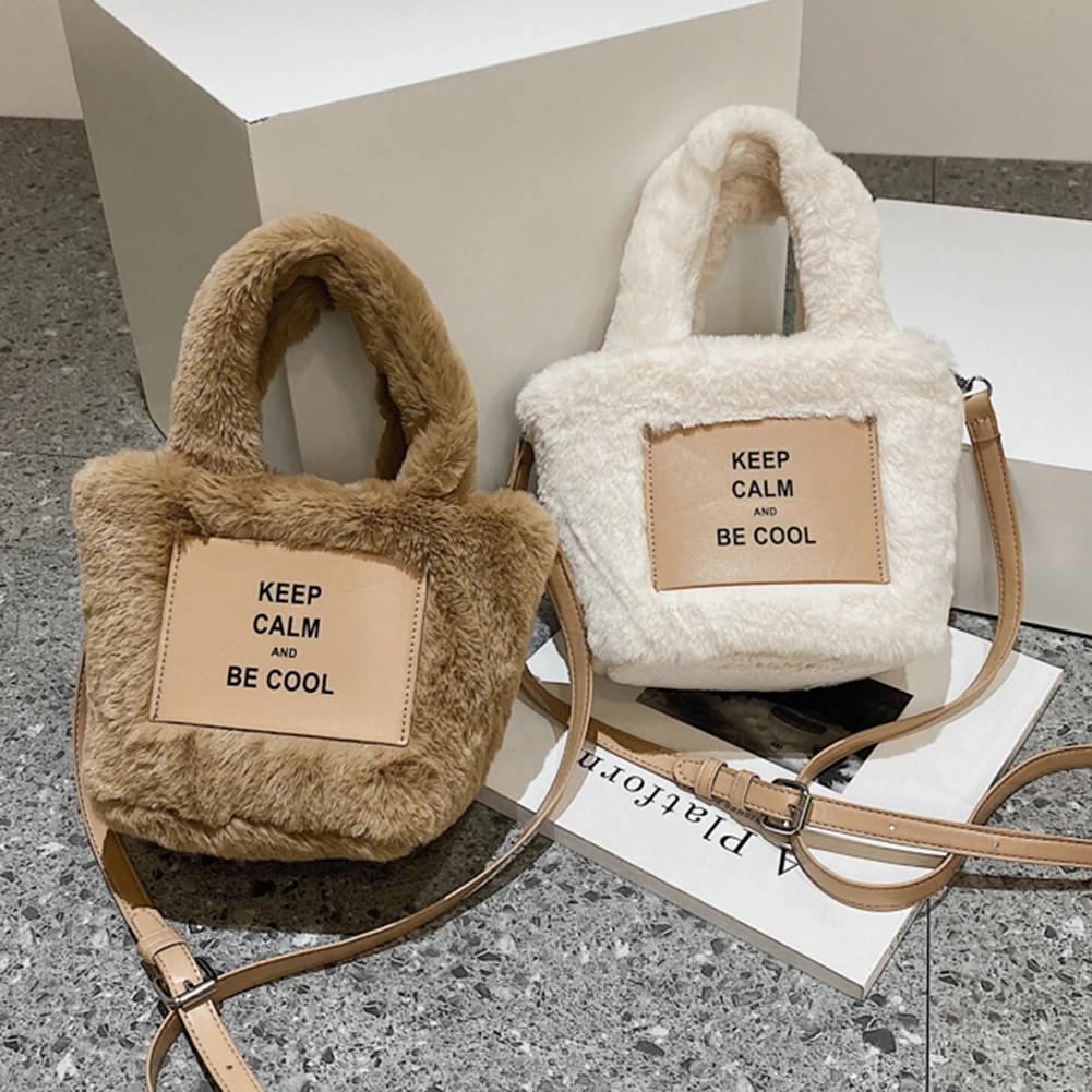 

Плюшевая женская сумка через плечо, модная Наплечная Сумка с буквенным принтом, женская зимняя повседневная мягкая плюшевая сумка, женская ...