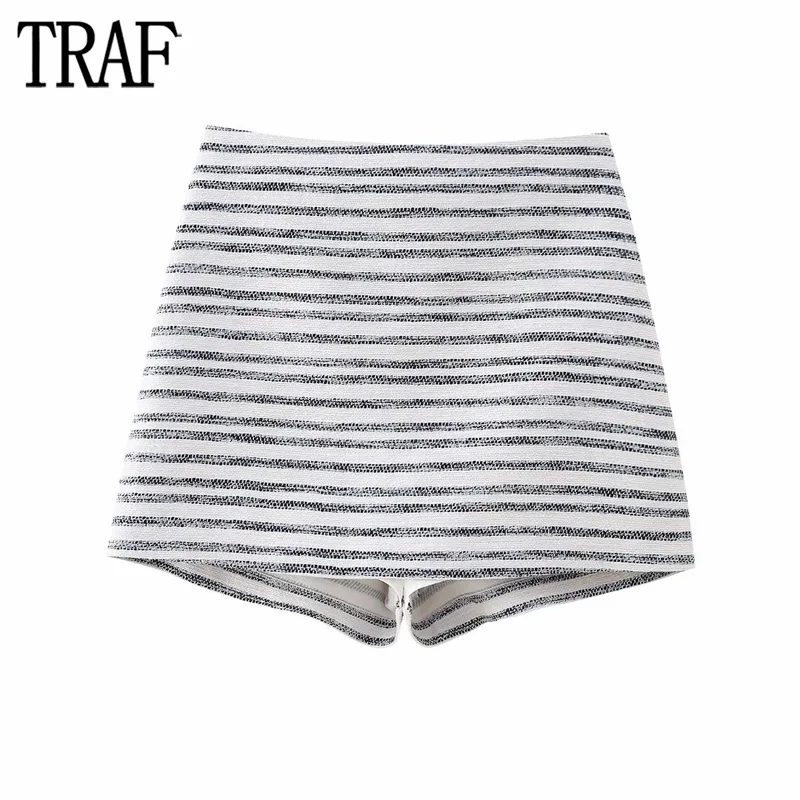 

TRAF Striped Tweed Shorts Women Textured High Waist Skorts for Women Summer Bermuda Shorts Woman Streetwear Basics Short Pants
