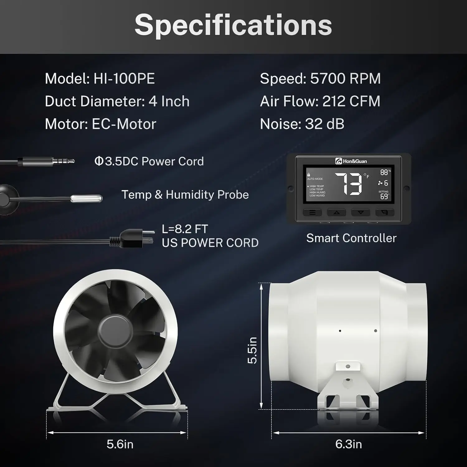 Hon&ampGuan PRO 4-дюймовый линейный канальный вентилятор — 212 куб. футов в минуту с тихим