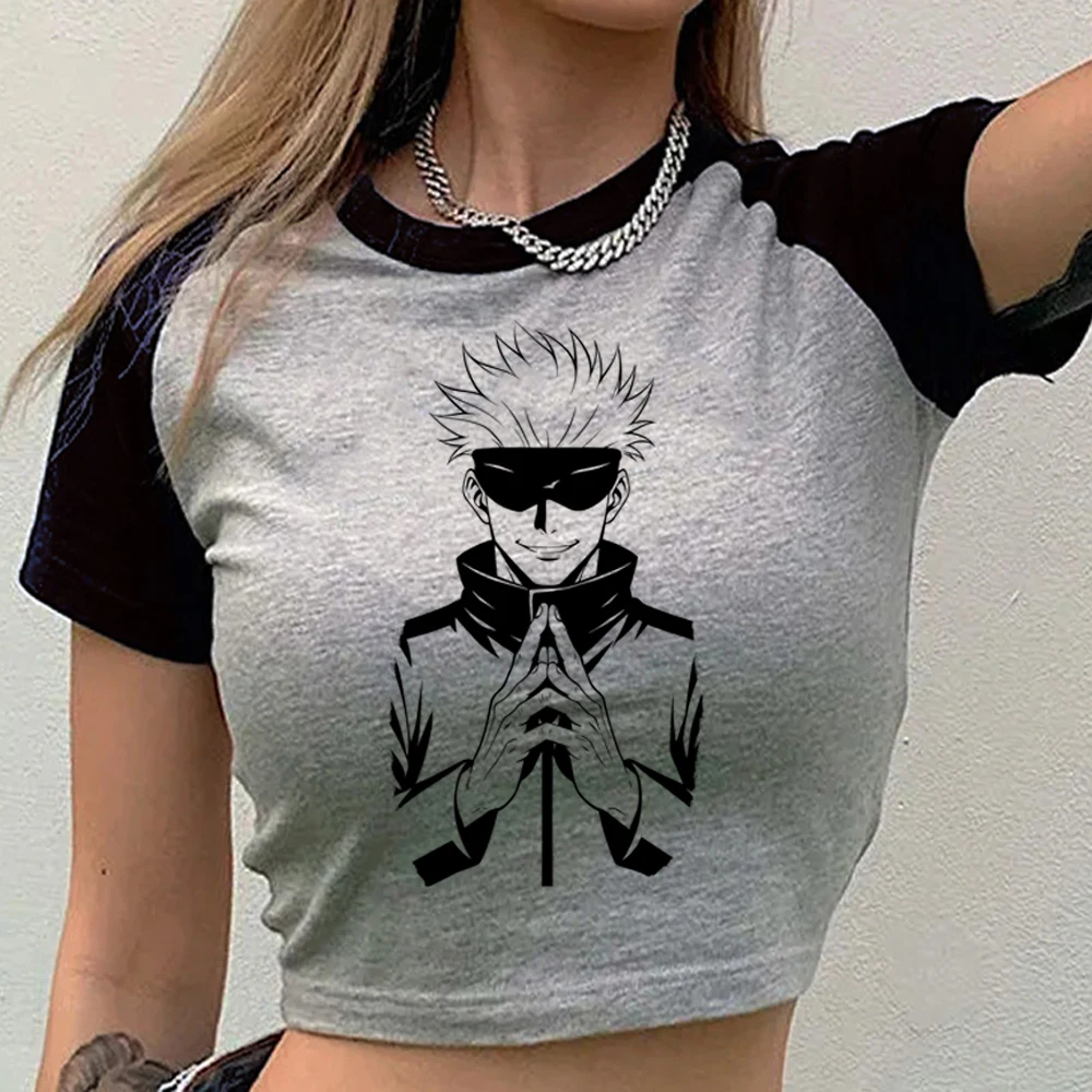 Фото Женский укороченный топ Jujutsu Kaisen в стиле мем, японский гранж, корейская мода, футболка с принтом, кавайный уличный стиль, альтернативный эмо-стиль №5