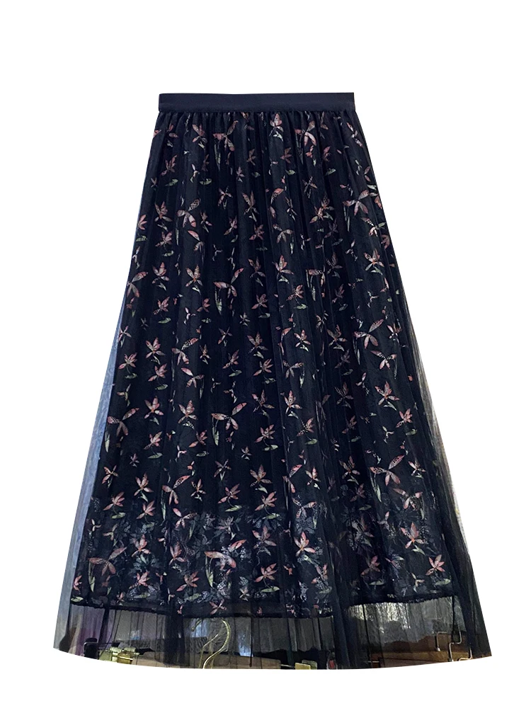 

French Chic Floral Midi Skirt Woman Elastic High Waist Loose Pleated Skirts Female Elegant Sweet Women Clothing Dropshipping