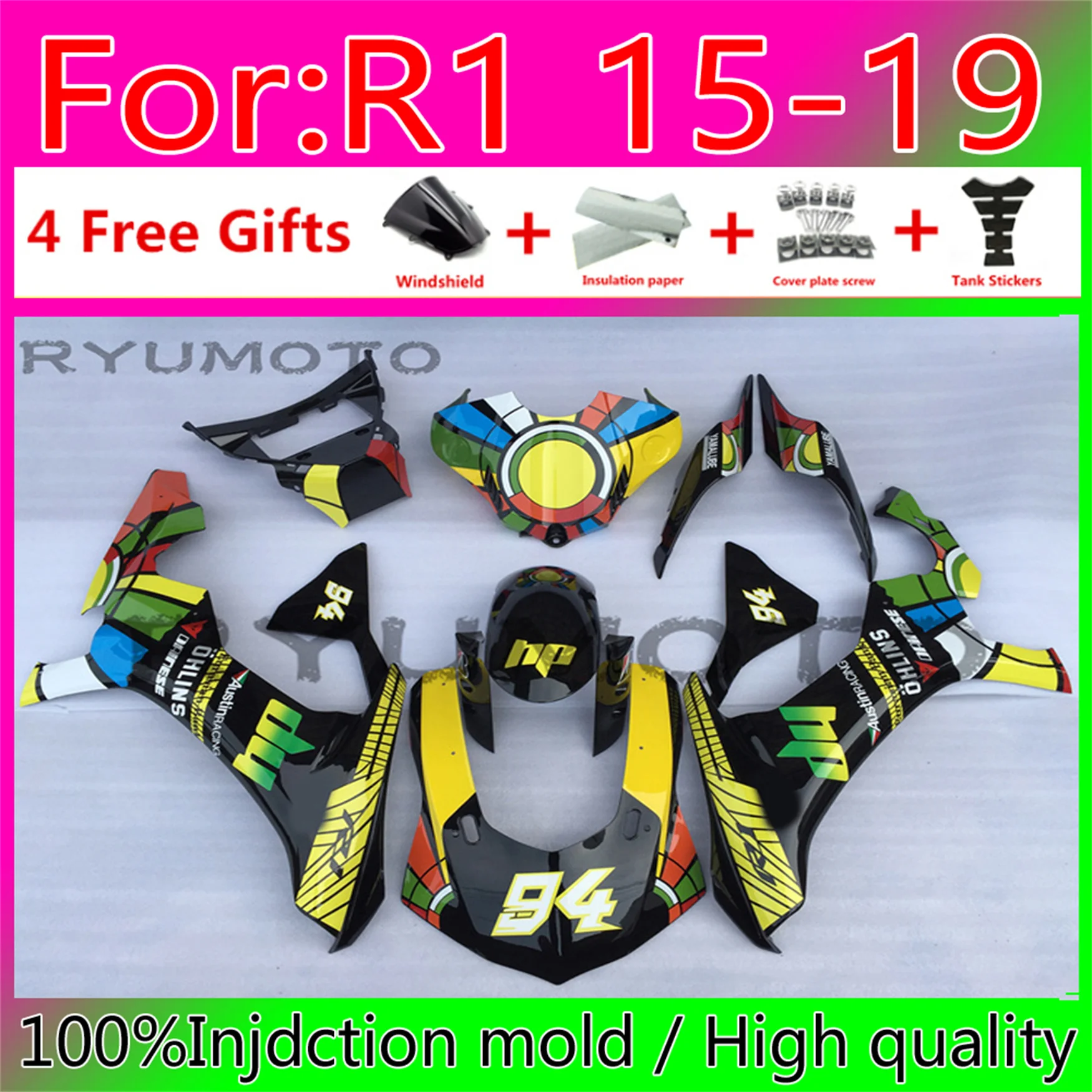 

New ABS whole Fairing kit 100% fitment for YAMAHA YZFR1 2015 2016 2017 2018 2019 YZF R1 15 16 17 18 19 YZF1000 Fairings yellow