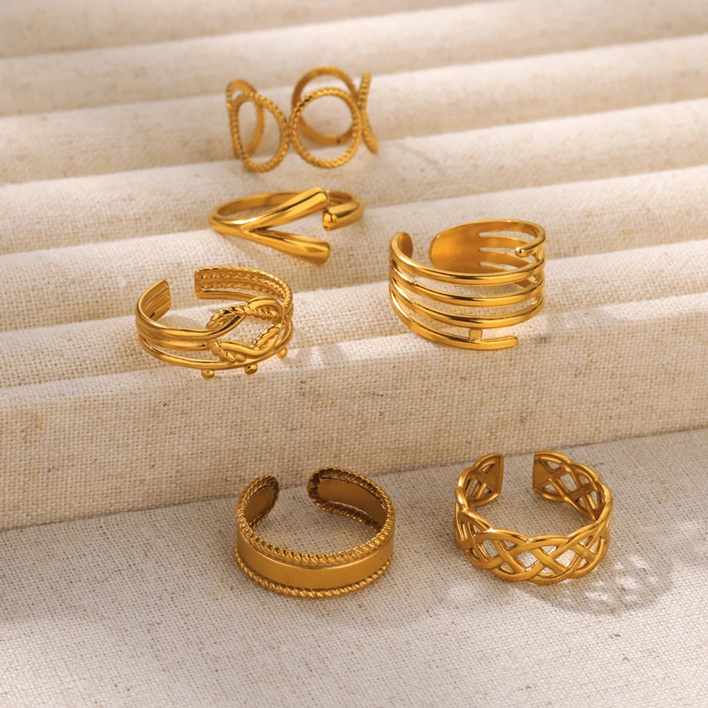 Женское асимметричное кольцо из нержавеющей стали золотистое открытое круглое с