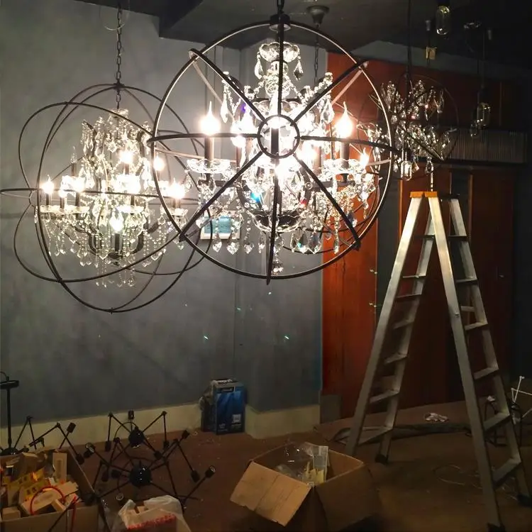 

Wrought Iron Crystal Bird Cage Retro Restaurant Chandelier American Bar Table Industrial Style Coffee Decorative Lamp