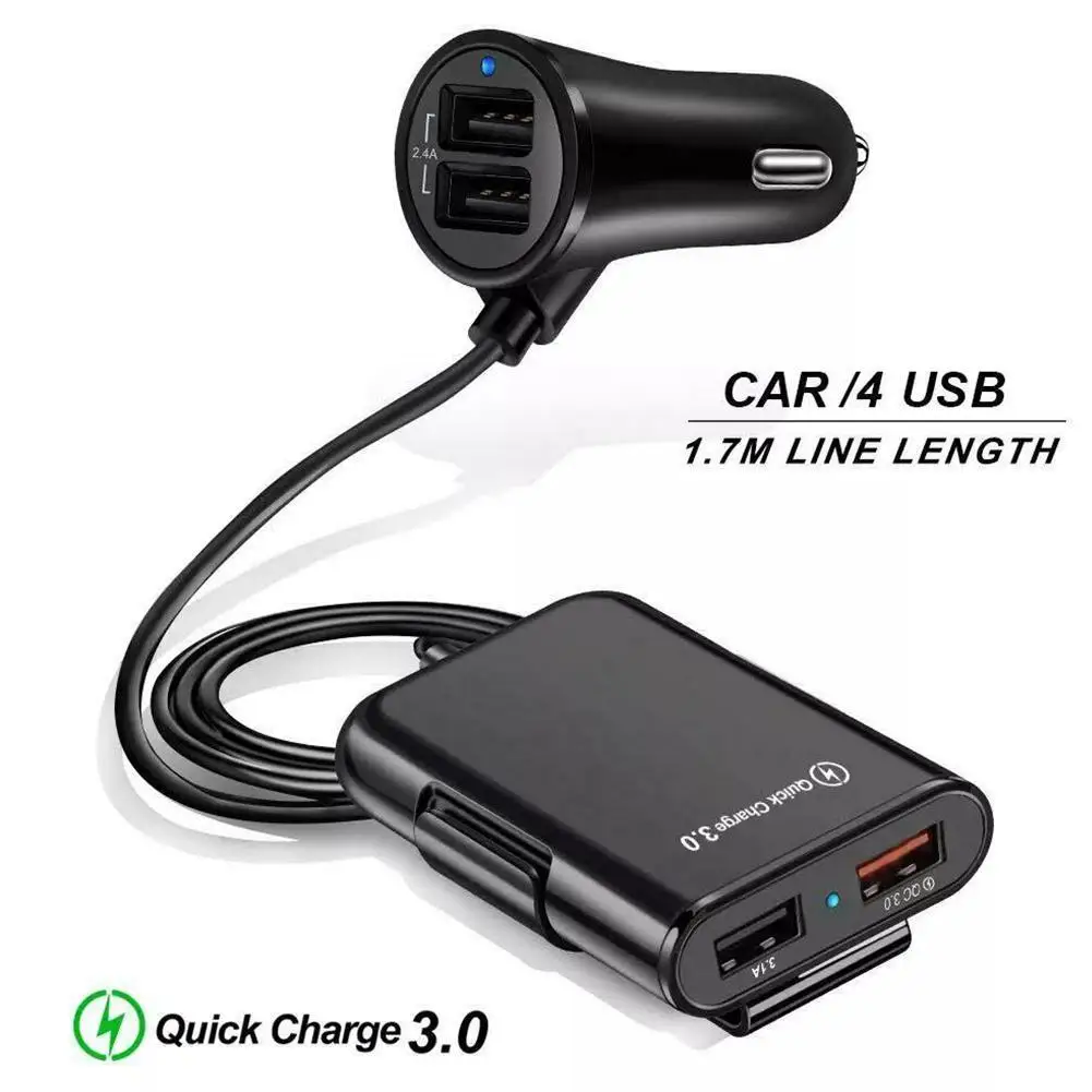

8A Car Charging 4USB Porous QC 3.0 One To Four Car Charger 1.7m Rear Extended Cable Car Phone Charger Adapter