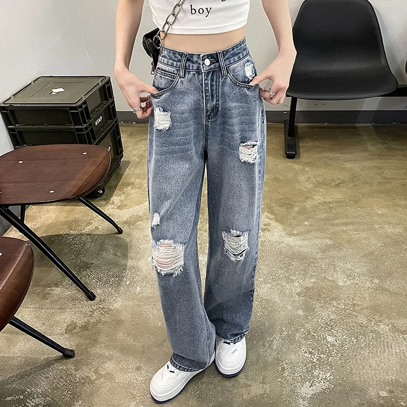 Baggy Ripped Jeans Womens High Waist Straight Wide Leg Casual Pants Streetwear Vintage Korean Fashion Y2K Jeans Pants For Women