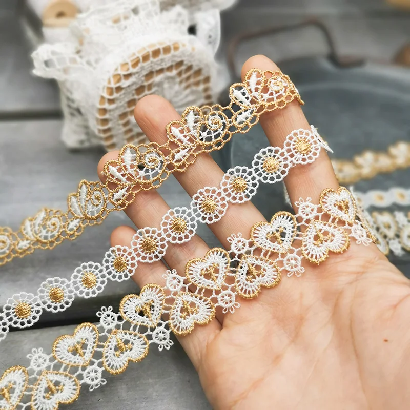 

1 Yard Golden Qwhite Embroidery Mesh High Quality Lace Trim for Needleworkwedding Dress Fringe Collar Wedding Applique Fabric