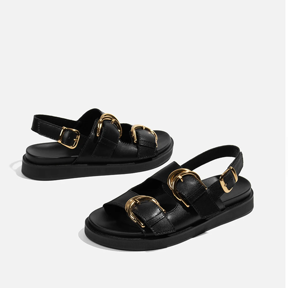 

Women's Sandals Trendy Retro Roman Style Belt Metal Buckle Casual Flat Thick Bottom Light Weight Summer Shoes for Ladies