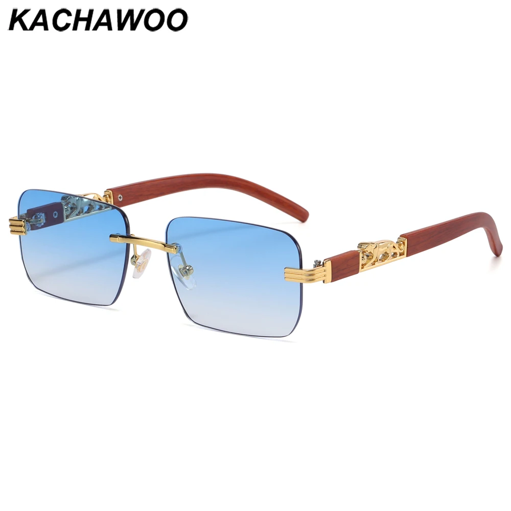 

Kachawoo rimless sunglasses women fashion square sun glasses for men frame-less wooden grain eyewear unisex blue brown green