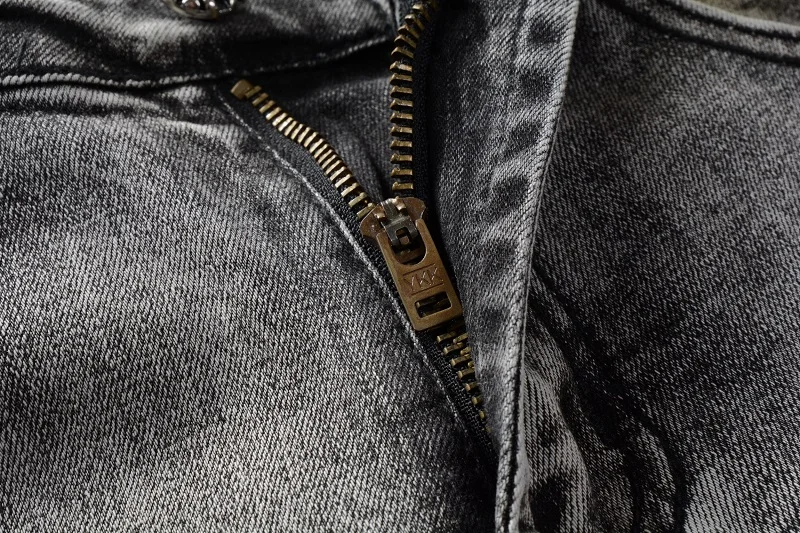 Light Blue Men's Slim Fit Streetwear Pants Fashion Print Pattern Distressed Leather Cross Patches Skinny Stretch Ripped Jeans