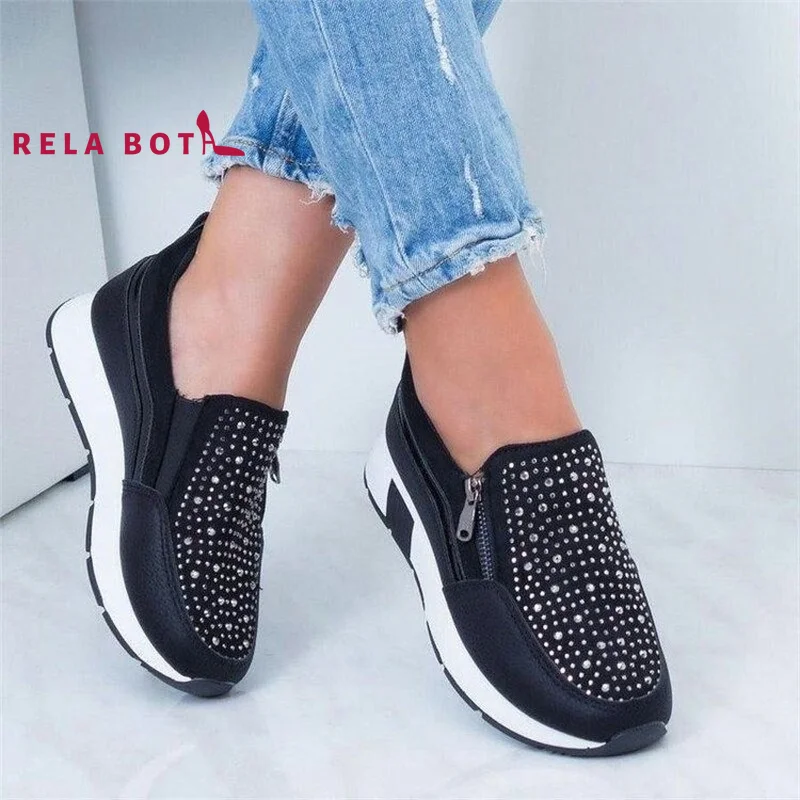 

Rhinestone Thick Bottom Side Zipper Height Women's Leisure Sports Shoes Round Head Leather Stitching Mesh Breathable Low Top Out
