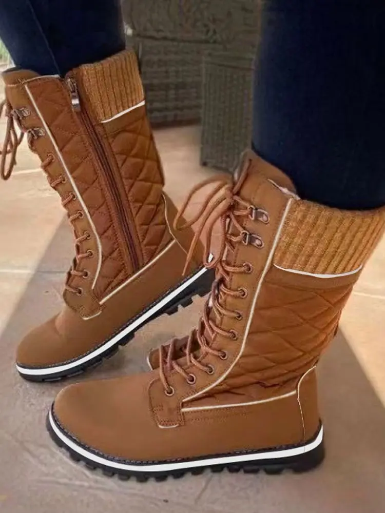 Women Shoes Round Toe Contrast Paneled Women Winter Shoes Quilted Lace-up Side Zipper Martin Boots