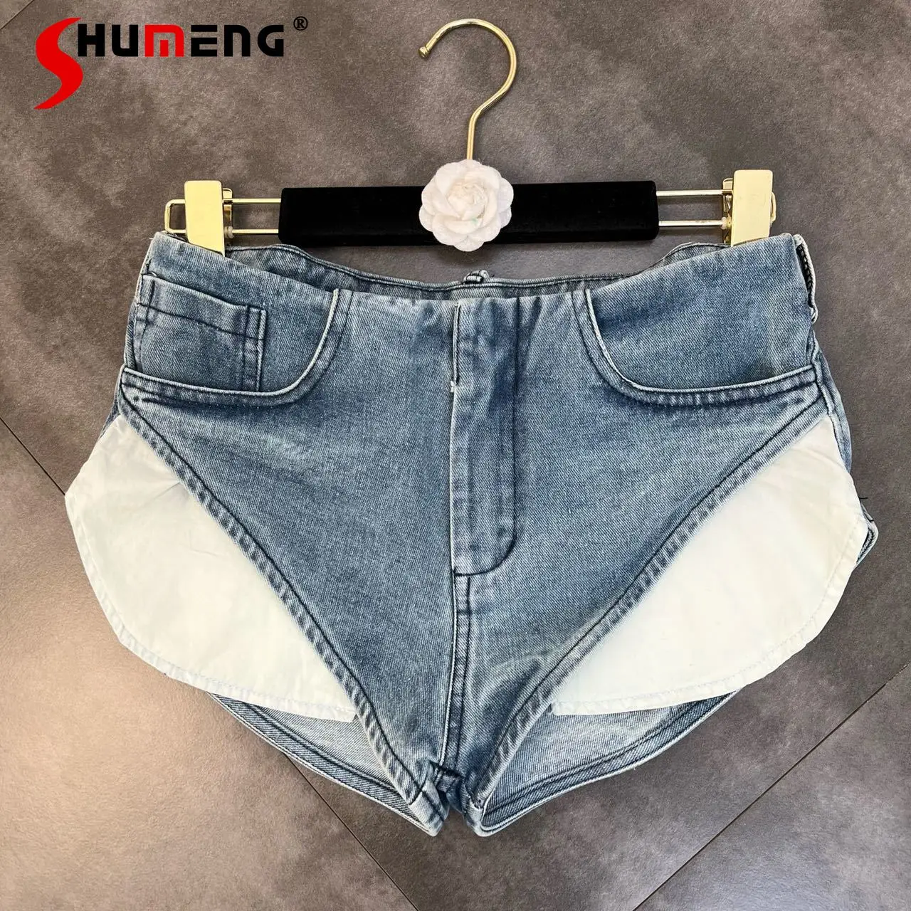 

2022 Spring and Summer Irregular Stitching Large Pocket Denim Shorts Women Sexy Low Waist Slimming Jean Shorts Female Y2k Shorts