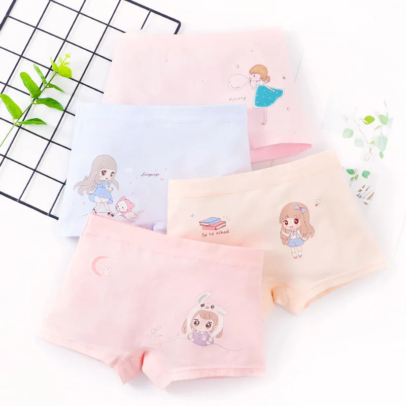

4 Pieces Set Panties Young Girls Pure Cotton Cartoon Underwear Cute Soft Boxer Briefs for 8-13 Years Old Girl Children Clothing