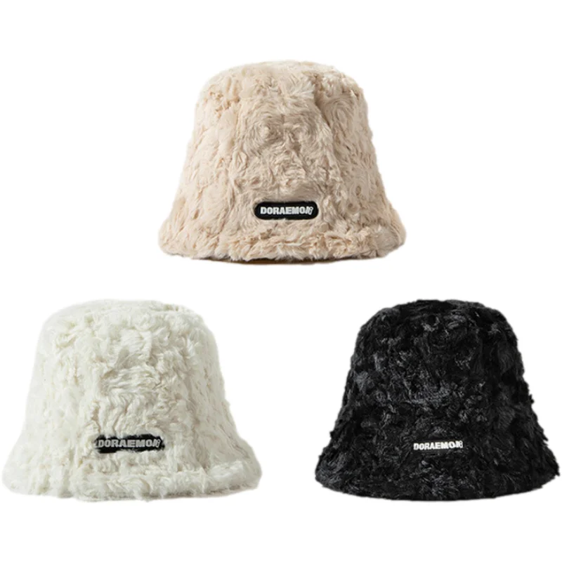 

Winter Warm Bucket Hat Women Thick Plush Fisherman Caps Outdoor Windproof Fleece Panama Caps Y2K Cute Fluffy Fur Wool Basin Hats