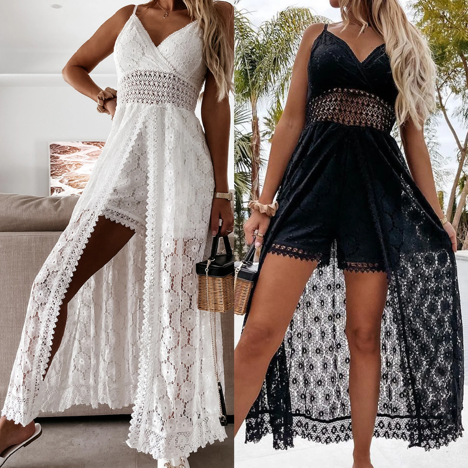 

Casual Playsuit Ruching Sexy Women One Piece Outfits Smocking V-Neck Backless High Low Hollow Out Summer Romper