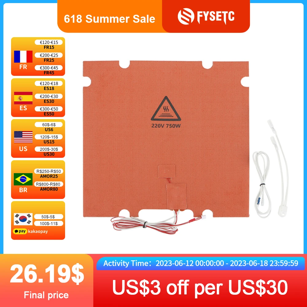 FYSETC Silicone Heated Bed Heating Pad with Hole 300/350mm 220V 750W/1000W Hot Bed for Voron 2.4 R2/Trident 3D Printer Parts