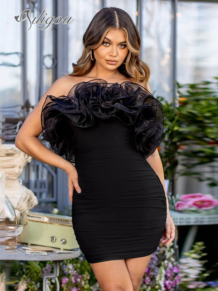 

Ailigou 2022 New Summer Women's Party Dresses Black Ruffle Sexy Skinny Mini Bandage Jumpsuits Celebrity Party Club Dresses