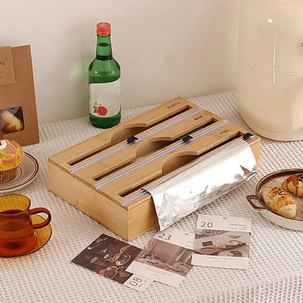 

Plastic Wrap Dispenser Detachable 2-in-1 Rectangular Refillable Natural Bamboo Tin Foil Holder Kitchen Supplies