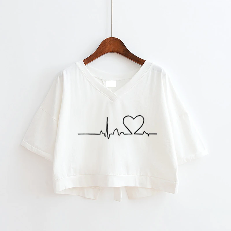 

2022 New Summer Casual Short Sleeve Fashion Love Print T-shirt for Women V Neck Tee Shirt Tops Female Basic Cropped Shirts Mujer