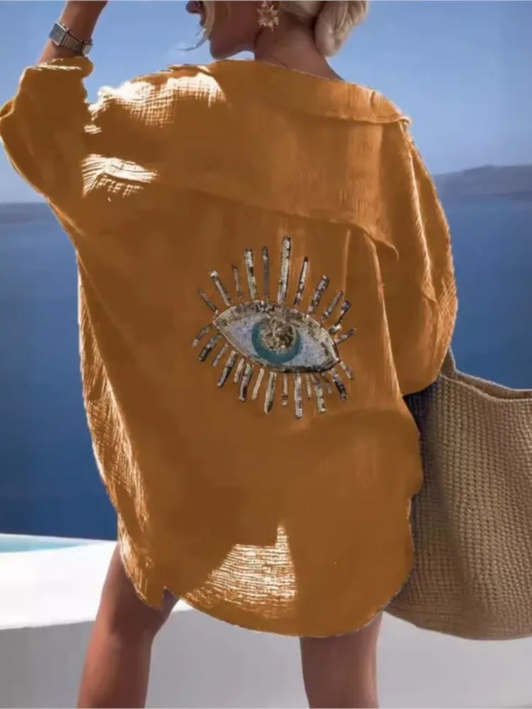 Летняя повседневная рубашка с блестками и длинными рукавами женская модная в