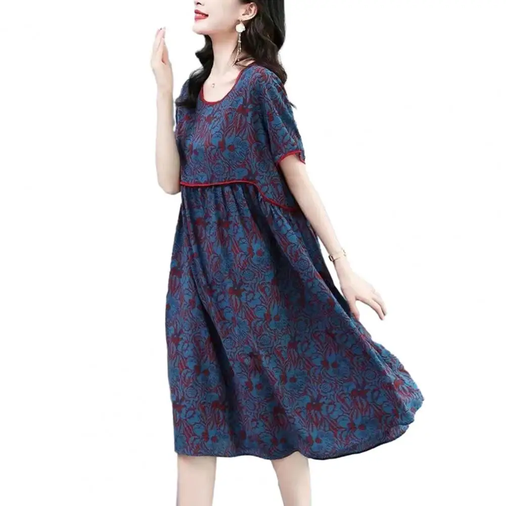 

Round Neck Dress Vintage Flower Print Patchwork O Neck Short Sleeve Loose Knee Length Pleated Summer Mother Midi Dress A