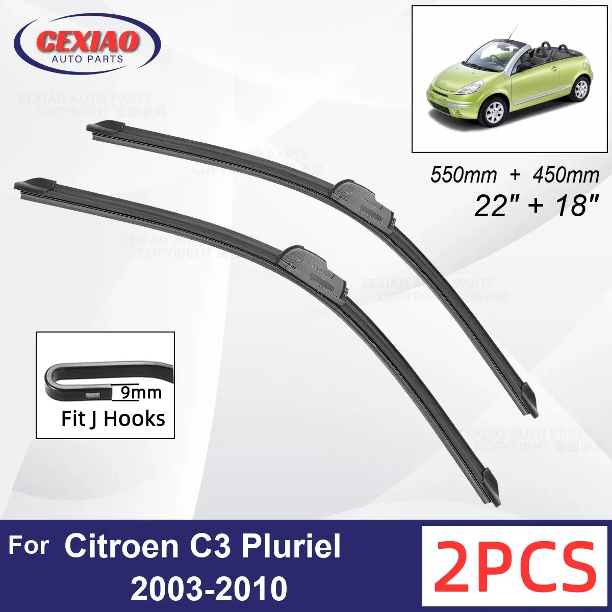 

Car Wiper For Citroen C3 Pluriel 2003-2010 Front Wiper Blades Soft Rubber Windscreen Wipers Auto Windshield 22" 18" 550mm 450mm