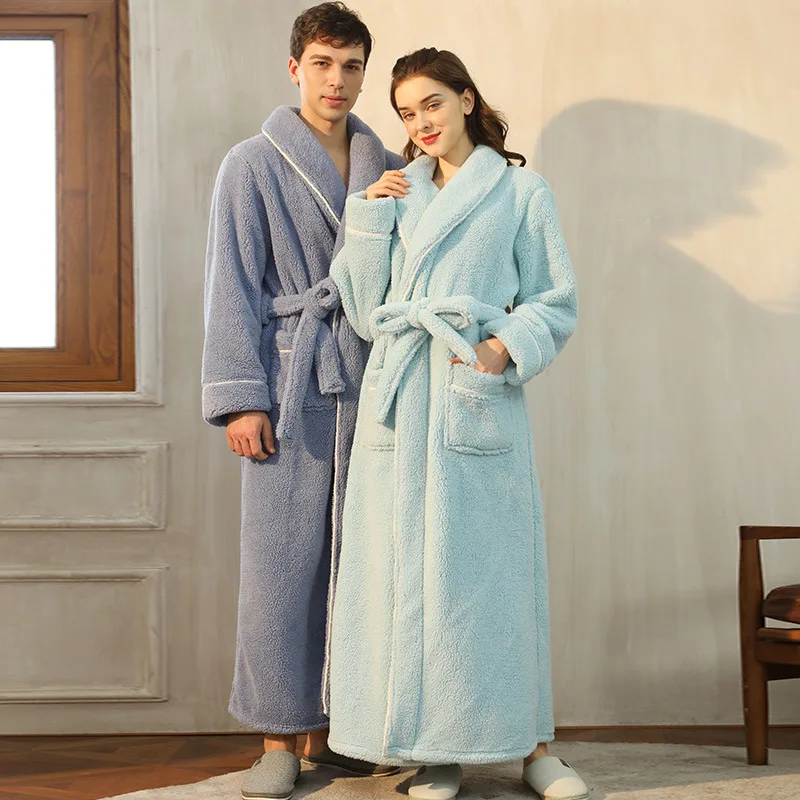Autumn Winter Couple Bathrobe Fleece Turn Down Collar Warm Women's Dressing Gown Flannel Fluffy Long Bath Robe For Female
