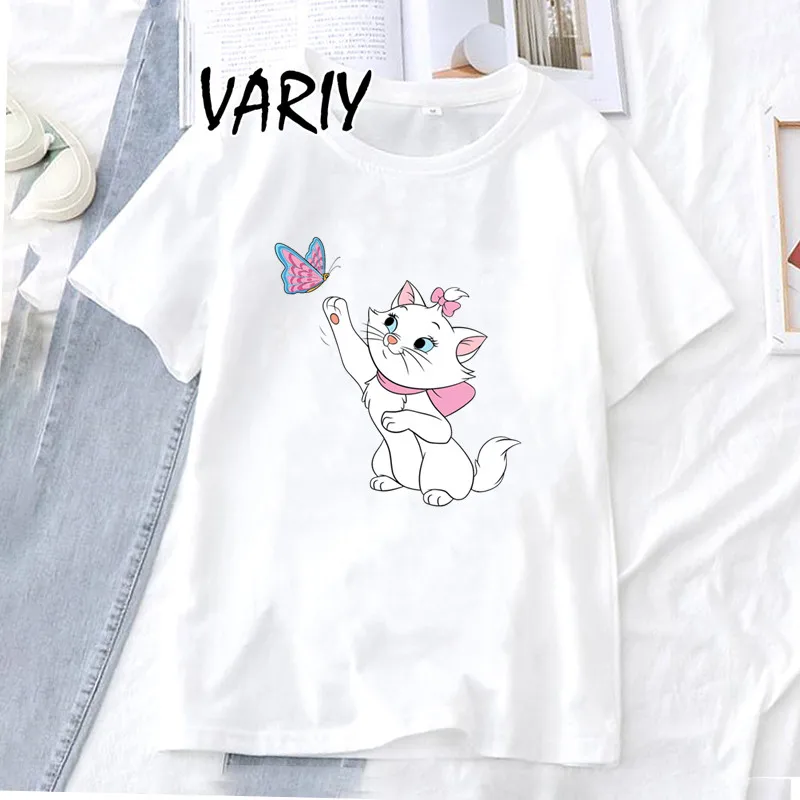 

Cartoon Marie Aristocats Disney T-Shirt Women's Clothing Summer 2022 White Tshirts Female Kawaii Short Sleeve Graphic Tees Women