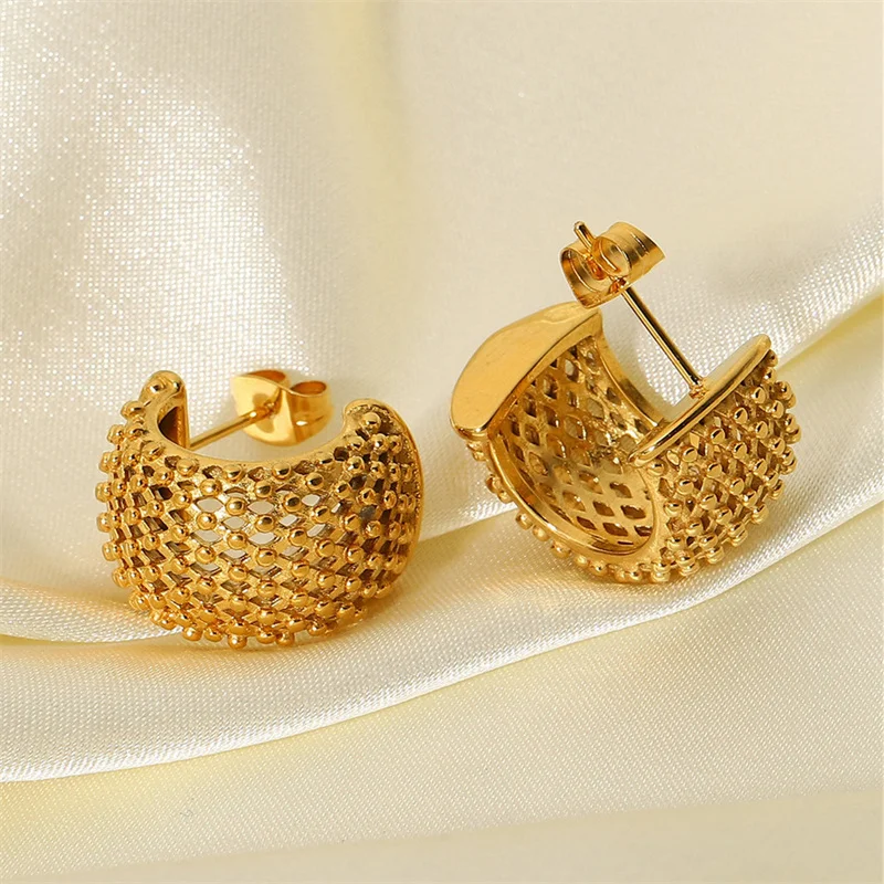 

YW GAIRU INS Style 18K Gold Plated Stainless Steel Rhombus Fishnet Grid Stud Earrings Fashion Women's Jewelry 2022 Trending