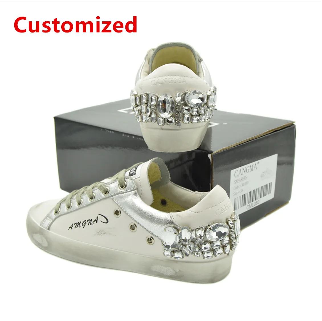 

CUSTOM Sneakers Women Men Silver Diamond White Flats Designer Sneaker