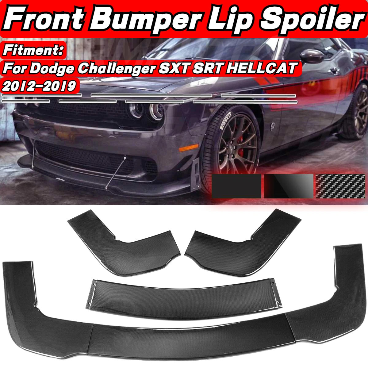 

3Pcs Car Front Bumper Lip For Dodge Challenger SXT SRT HELLCAT 2012-2019 Diffuser Chin Body Kit Splitter Spoiler Deflector