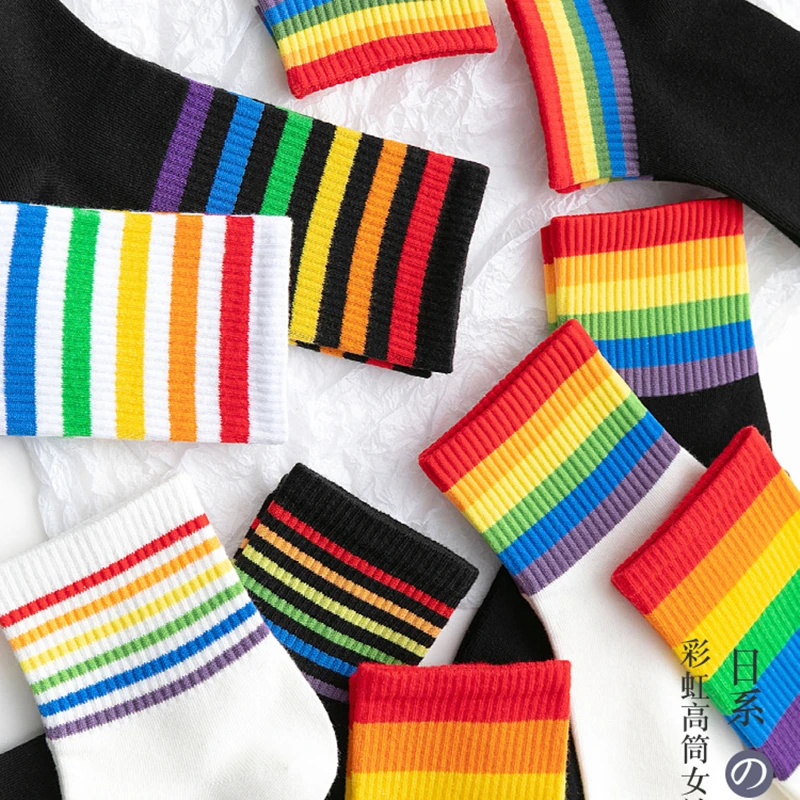 2022 Rainbow Socks for Women Funny Striped Mid Tube Socks Ladies Cotton Ankle Socks Autumn Trend chaussettes enfants pour fille