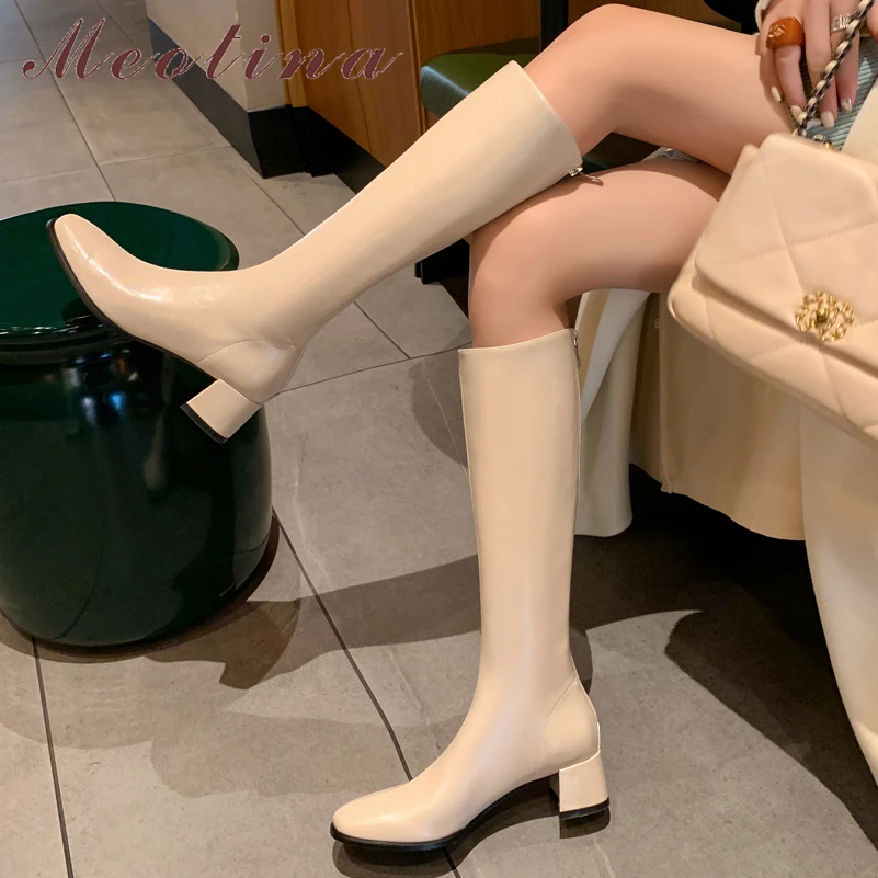 

Женские сапоги на молнии Meotina, высокие сапоги из натуральной кожи, с круглым носком, на плоской подошве, бежевые сапоги для верховой езды, Осень-зима