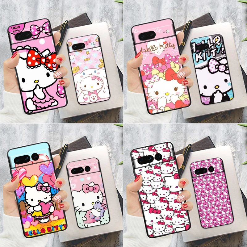 

Cartoon Girl HelloKitty For Google Pixel 8 7 6 6A 5 4 5A 4A XL Pro 5G Silicone Shockproof Soft TPU Black Phone Case Cover Fundas